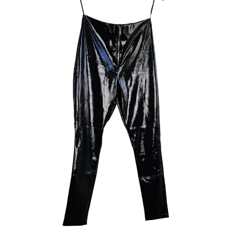 Shiny wet look UP faux leather black high rise skinny pants